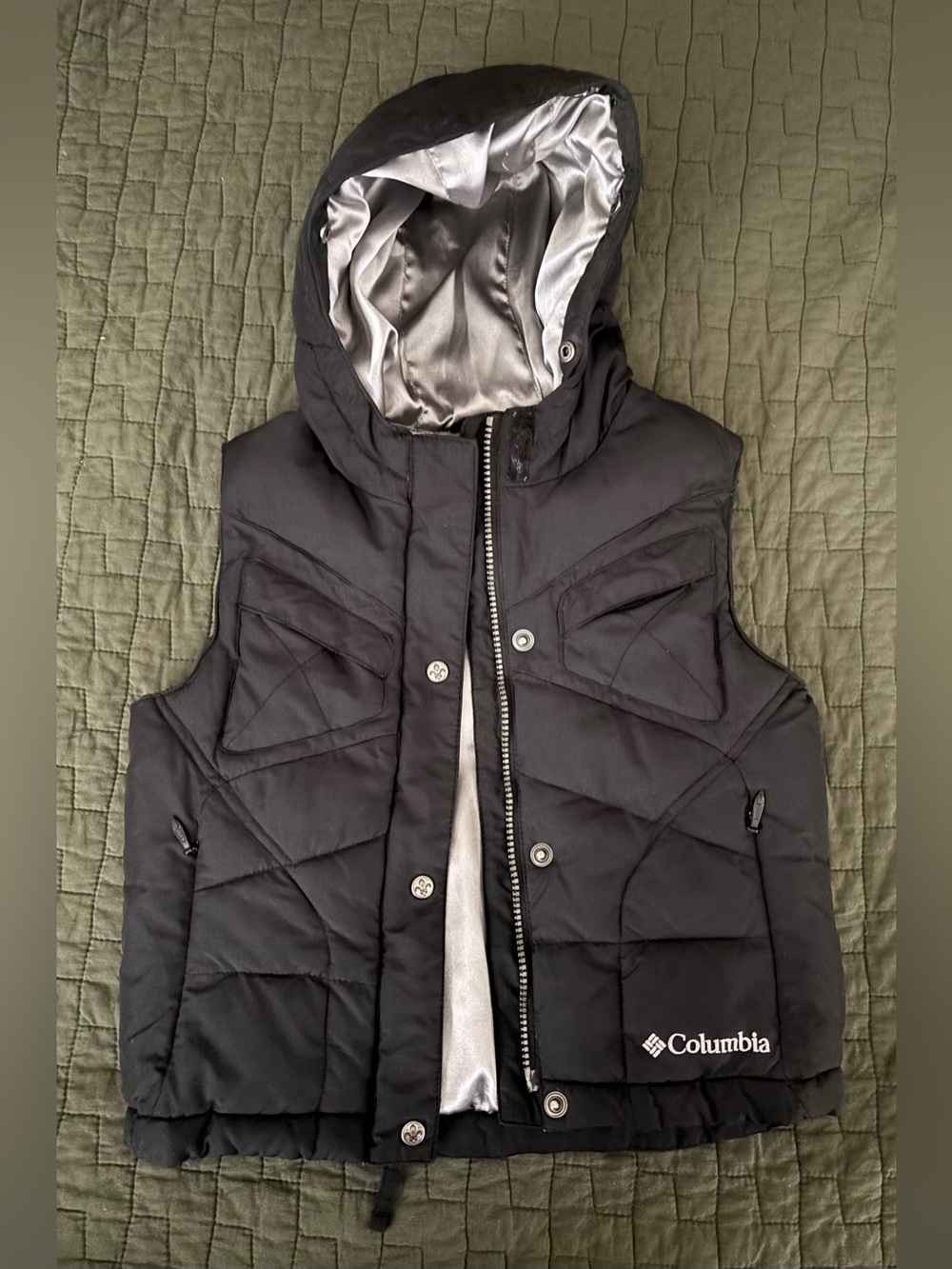 Columbia Kids Black Hooded Vest with Silver Lining and fleur-de-lis.